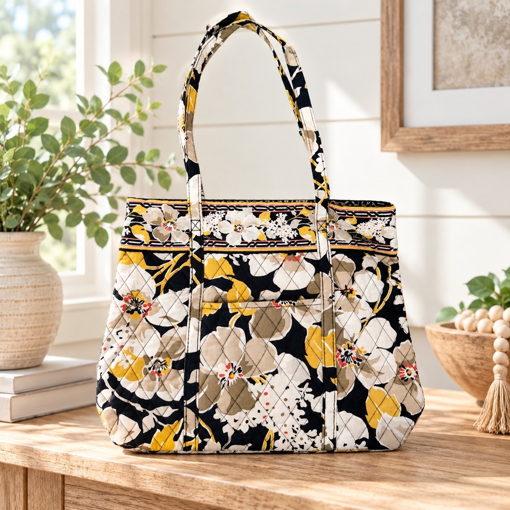 Vera Bradley Dogwood Small Tote Bag Black Yellow Floral Quilted Retired Pattern